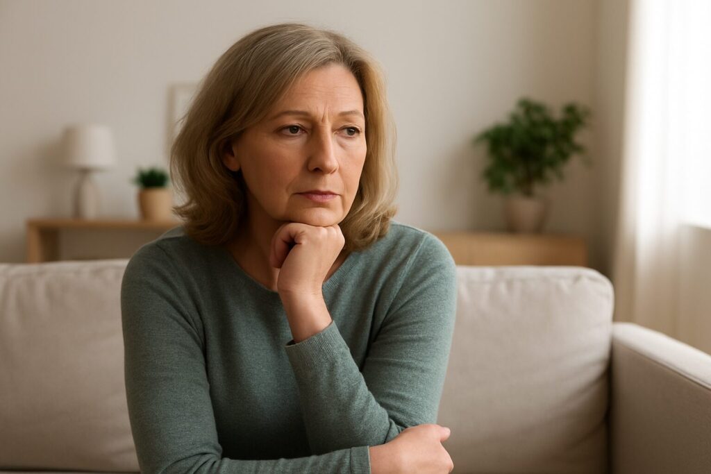 middle-aged woman sitting on a beige sofa, gazing thoughtfully in living room.
Great Ways to Rebuild Mind, Body & Confidence after divorce.