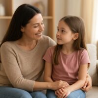 A mother sitting peacefully with her young child in a softly lit room, sharing a warm, affectionate moment that reflects emotional connection and mindful parenting.
